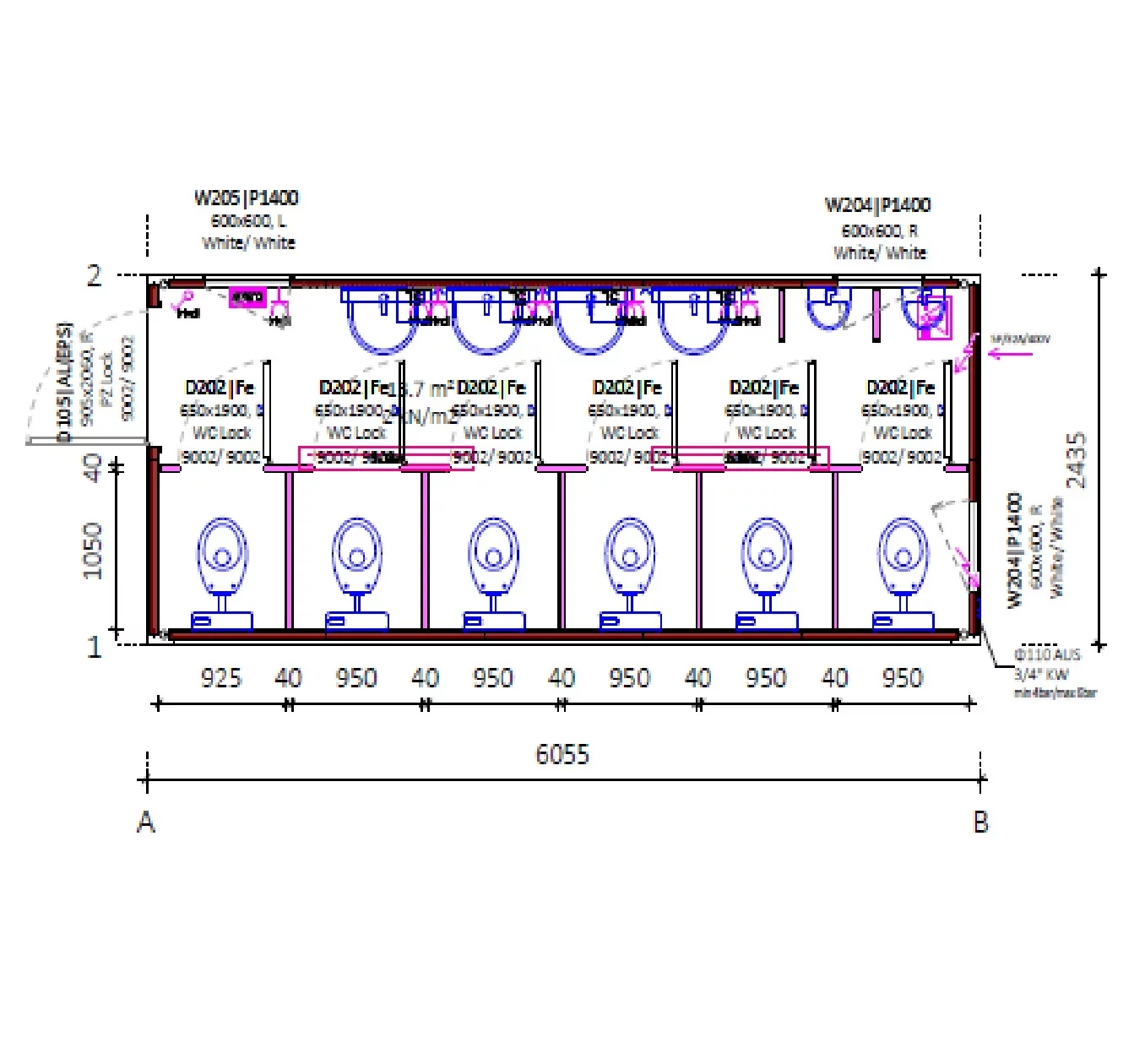 20-Fuß-WC-Container  mit 6 WC